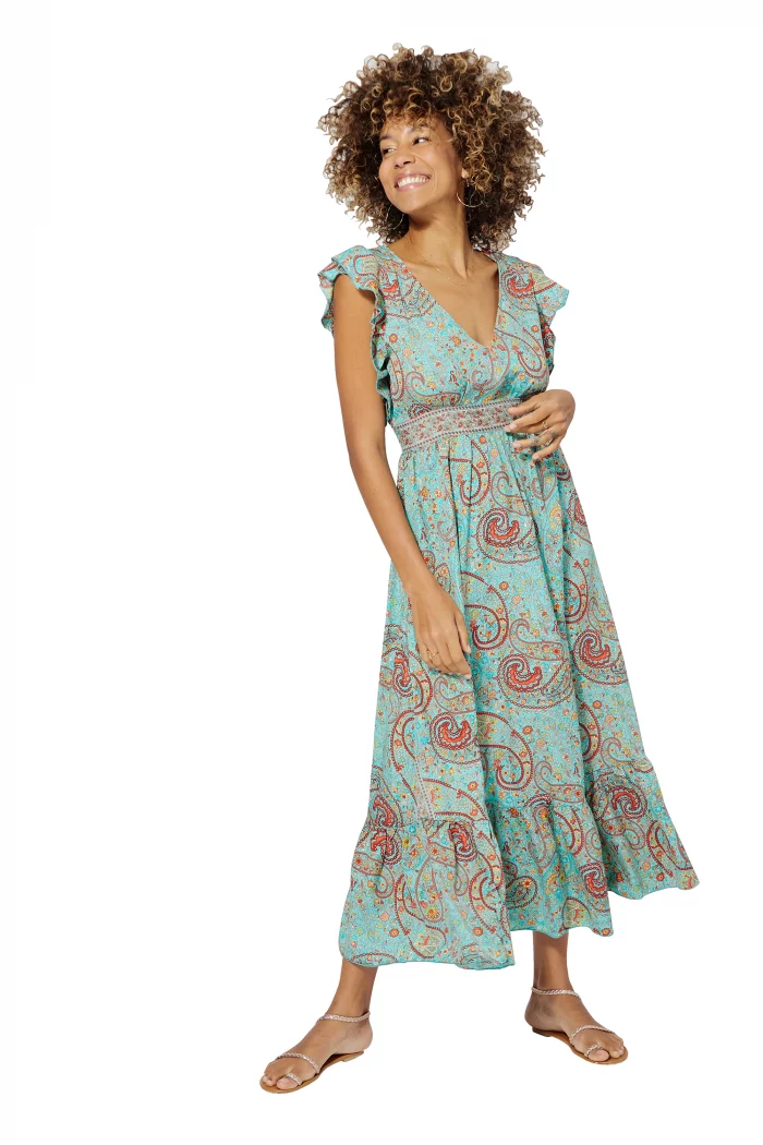 Longue Robe évasée Turquoise à motifs orange rouge - MAXIPA3072A – Image 1