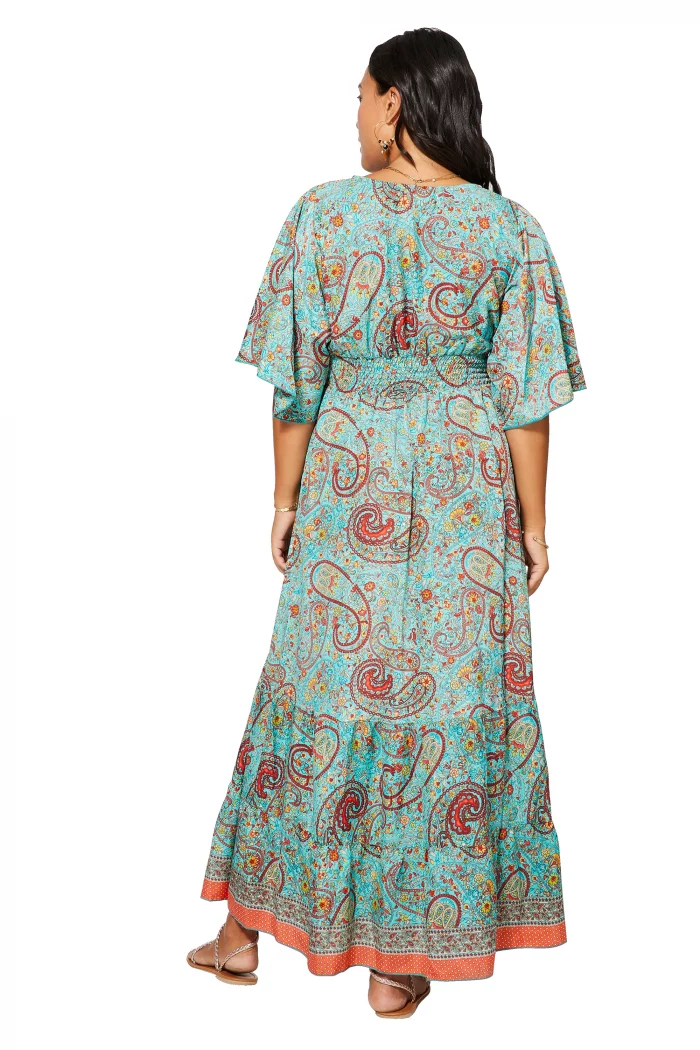Longue Robe évasée Turquoise à motifs bohèmes - MAXIPA3081A – Image 2