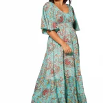 Longue Robe évasée Turquoise à motifs bohèmes - MAXIPA3081A