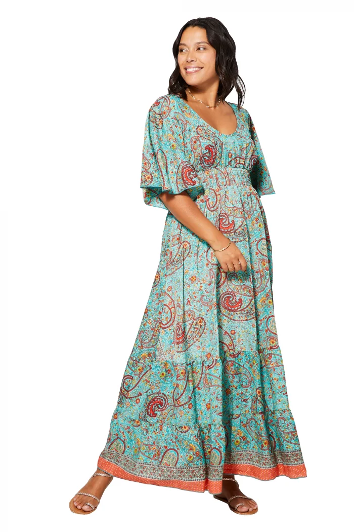 Longue Robe évasée Turquoise à motifs bohèmes - MAXIPA3081A – Image 1