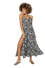 Longue Robe fendue à liens Noire à fleurs colorées - MAXIPA3056B