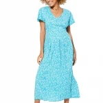 Robe longue à manches courtes Bleue à fleurs - MAXIPAV0016A