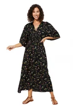 Robe longue ample Noire à fleurs - MAXIPAV0019A