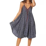 Robe mi-longue ample Bleu marine à fleurs blanches - RLIP0272C