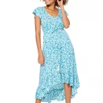 Robe longue asymétrique Blanche à fleurs bleues - MAXIPAV0014B