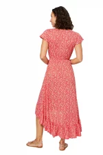 Robe longue asymétrique Rouge à fleurs blanches - MAXIPAV0014A – Image 2