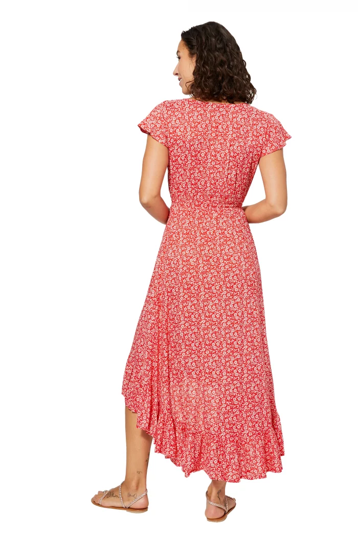 Robe longue asymétrique Rouge à fleurs blanches - MAXIPAV0014A – Image 2