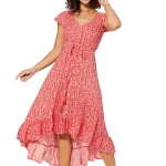 Robe longue asymétrique Rouge à fleurs blanches - MAXIPAV0014A