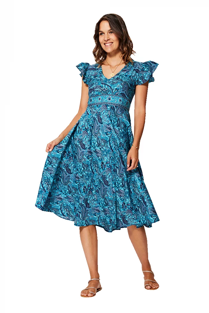 Robe bohème mi-longue Bleue à motifs - RLIP0295B – Image 1