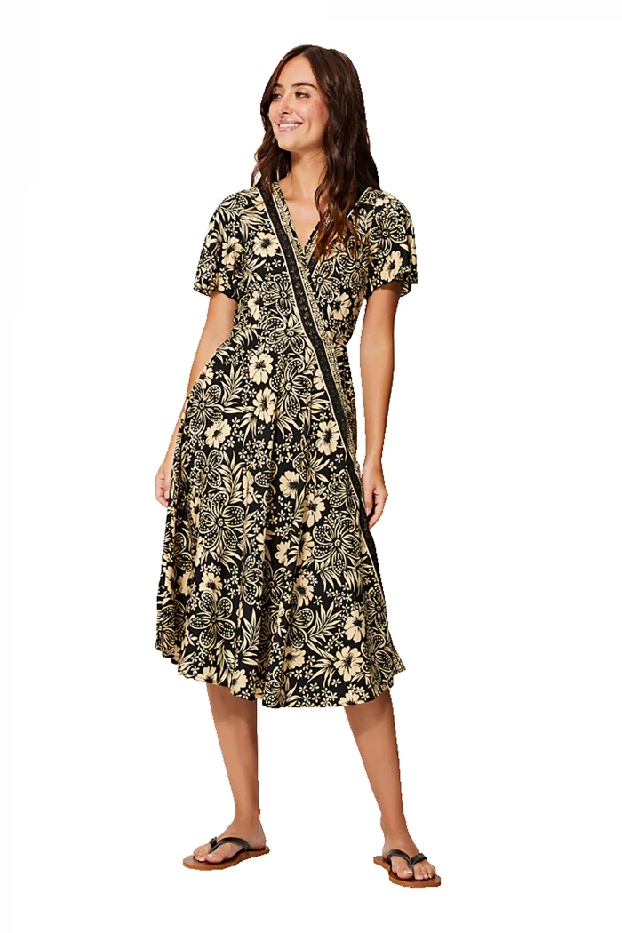 Robe mi-longue noire et crème à manches courtes - RLIP2001G – Image 1