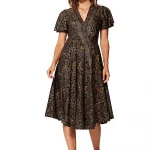 Robe mi-longue noire et or à manches courtes - RLIP2001E