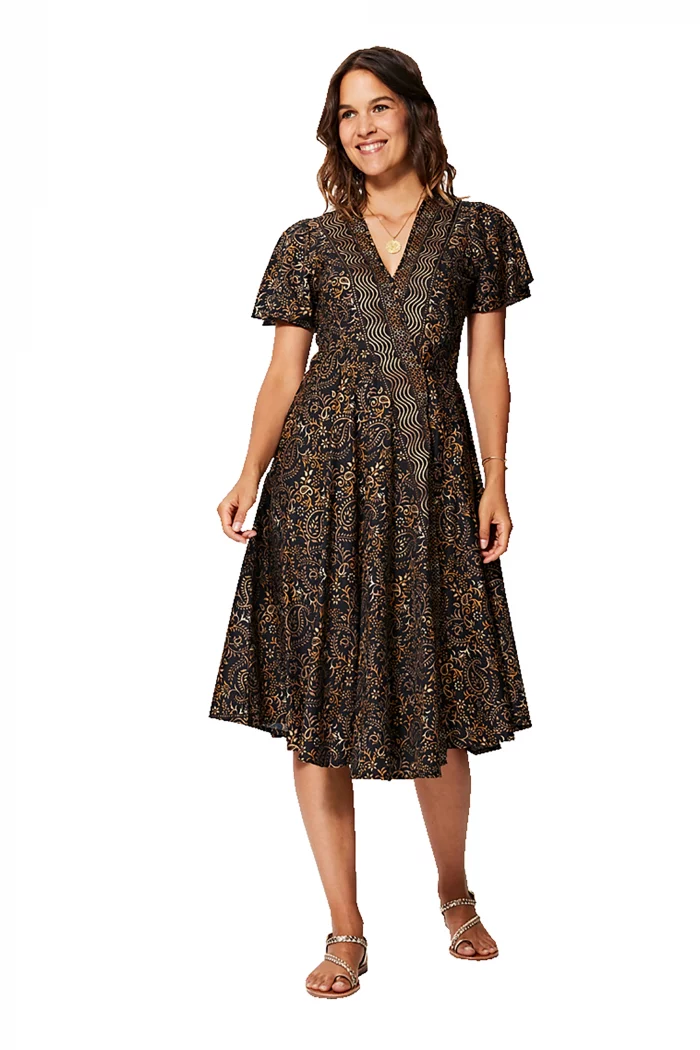 Robe mi-longue noire et or à manches courtes - RLIP2001E – Image 1