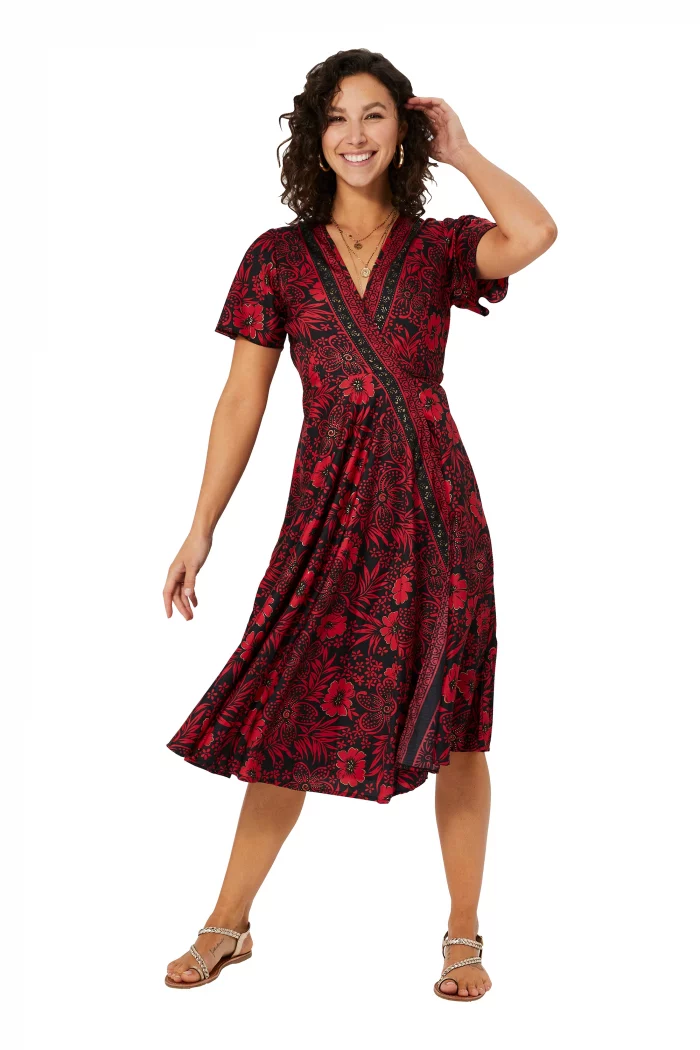 Robe mi-longue noire et rouge à manches courtes - RLIP2001D – Image 1