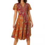 Robe mi-longue orange et rouge à manches courtes - RLIP2001C