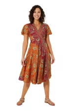 Robe mi-longue orange et rouge à manches courtes - RLIP2001C