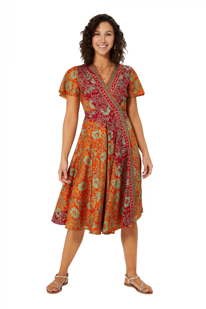 Robe mi-longue orange et rouge à manches courtes - RLIP2001C – Image 1