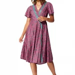 Robe mi-longue rose à manches courtes - RLIP2001B