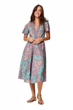 Robe mi-longue bleue et rose à manches courtes - RLIP2001A