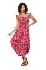 Robe Rouge à fleurs blanches à col bateau - MAXIPAV0012B