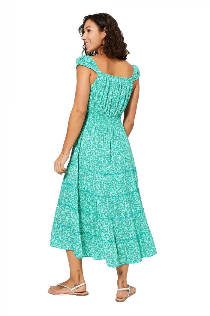 Robe Vert turquoise à fleurs blanches à col bateau - MAXIPAV0012A – Image 2