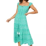 Robe Vert turquoise à fleurs blanches à col bateau - MAXIPAV0012A