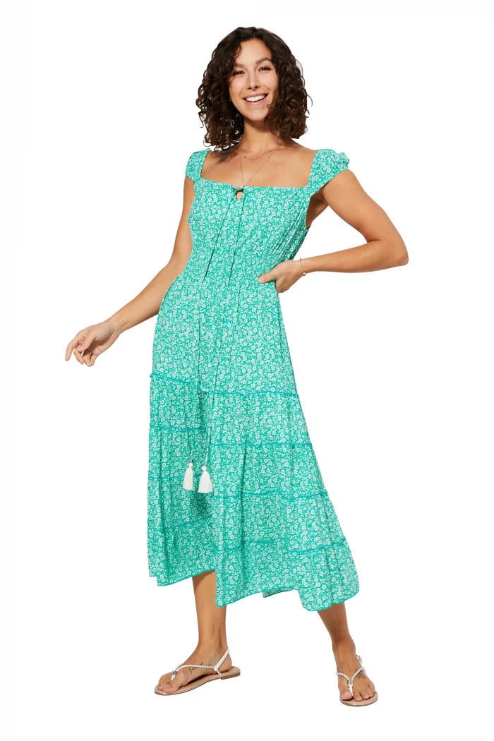 Robe Vert turquoise à fleurs blanches à col bateau - MAXIPAV0012A – Image 1