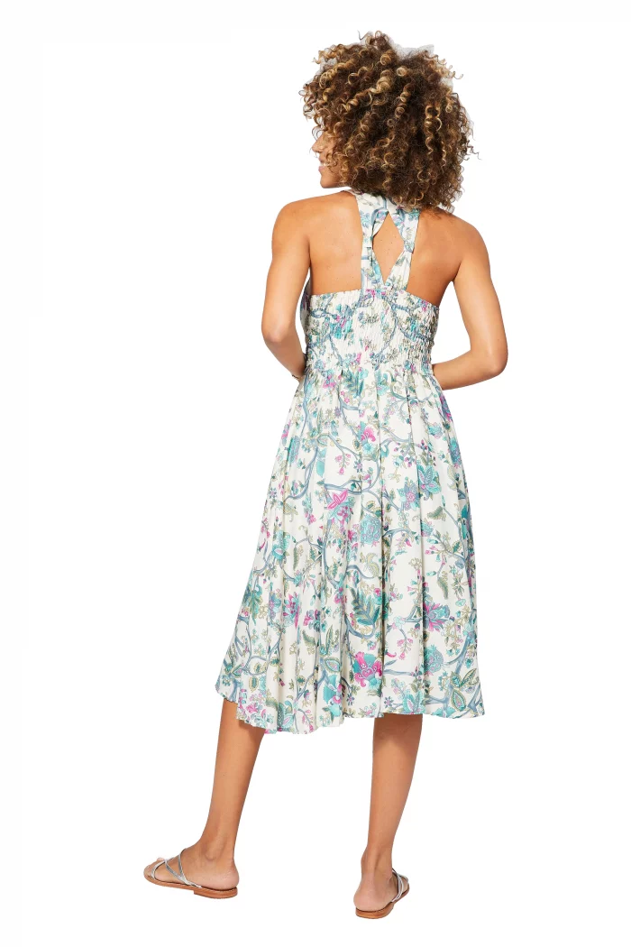 Robe mi-longue Blanche à fleurs à dos nageur - RLIP0283B – Image 2