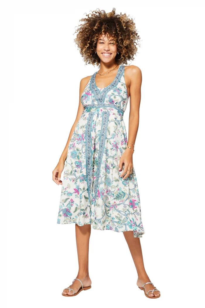Robe mi-longue Blanche à fleurs à dos nageur - RLIP0283B – Image 1