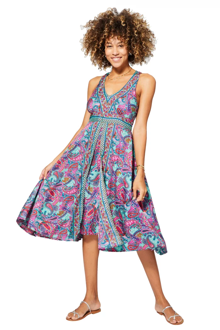 Robe mi-longue Bleue et fuchsia à dos nageur - RLIP0283A – Image 1