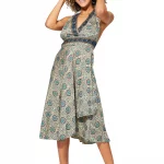 Robe mi-longue dos nu Beige à motifs bleus - RLIP0271A