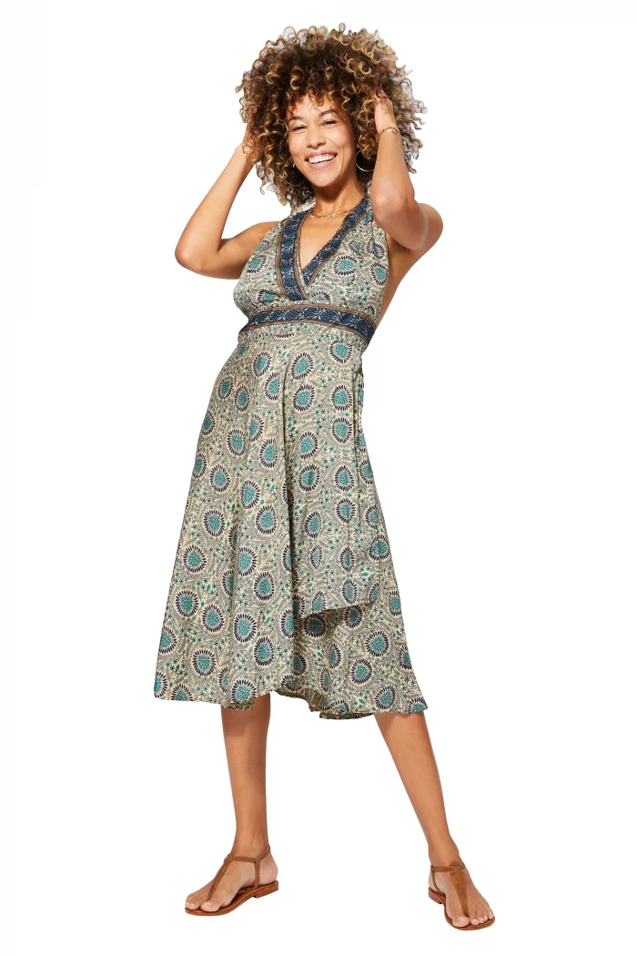 Robe mi-longue dos nu Beige à motifs bleus - RLIP0271A – Image 1