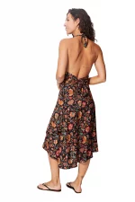 Robe mi-longue dos nu Noire à fleurs colorées - RLIP0271B – Image 2