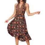 Robe mi-longue dos nu Noire à fleurs colorées - RLIP0271B