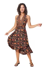 Robe mi-longue dos nu Noire à fleurs colorées - RLIP0271B