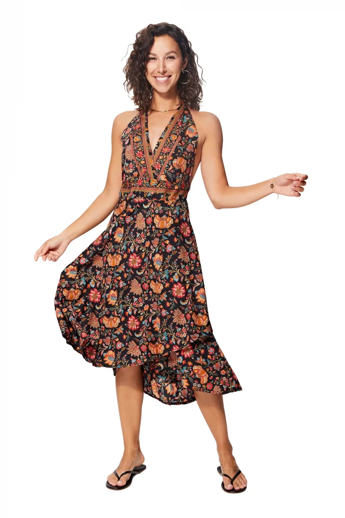 Robe mi-longue dos nu Noire à fleurs colorées - RLIP0271B – Image 1