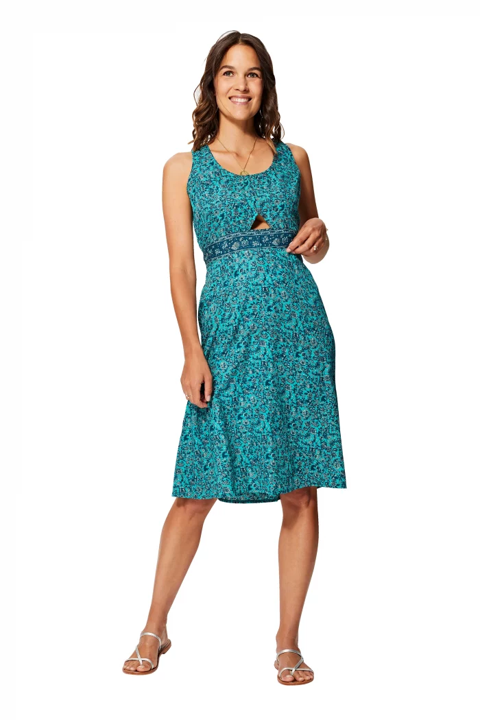 Robe mi-longue Turquoise à fleurs à liens dans le dos - RLIP0284A – Image 1