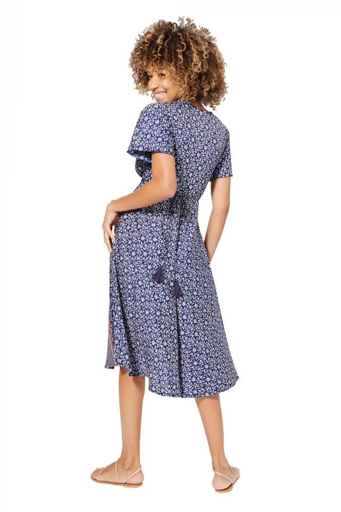 Robe mi-longue à nouer Bleu marine à fleurs - RLIP0298B – Image 2