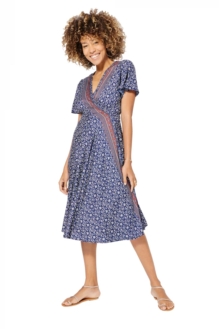 Robe mi-longue à nouer Bleu marine à fleurs - RLIP0298B – Image 1