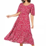 Robe mi-longue évasée Rouge à fleurs blanches - MAXIPAV0017B