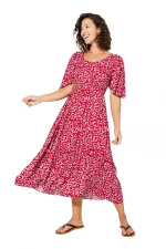 Robe mi-longue évasée Rouge à fleurs blanches - MAXIPAV0017B