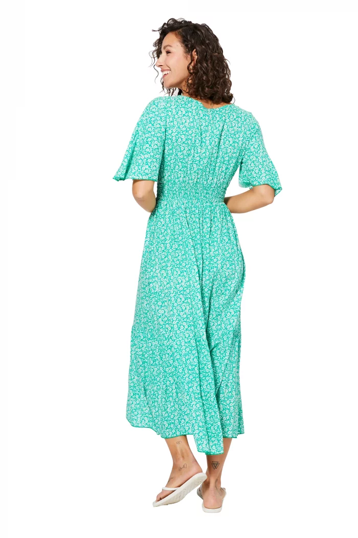 Robe mi-longue évasée Vert turquoise à fleurs - MAXIPAV0017A – Image 2