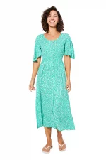 Robe mi-longue évasée Vert turquoise à fleurs - MAXIPAV0017A