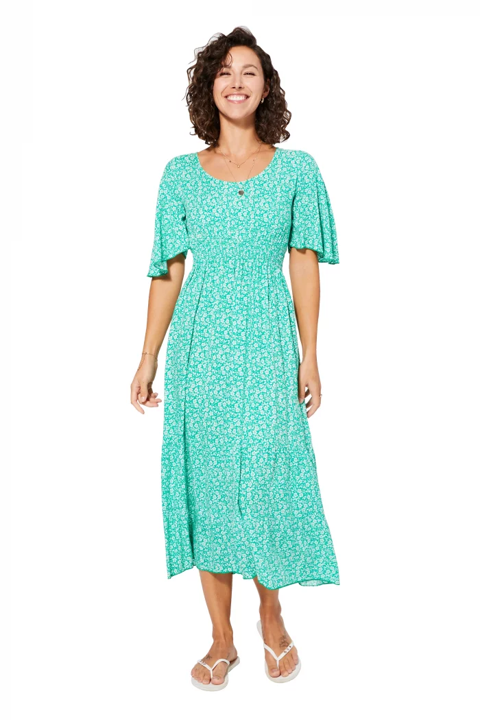 Robe mi-longue évasée Vert turquoise à fleurs - MAXIPAV0017A – Image 1