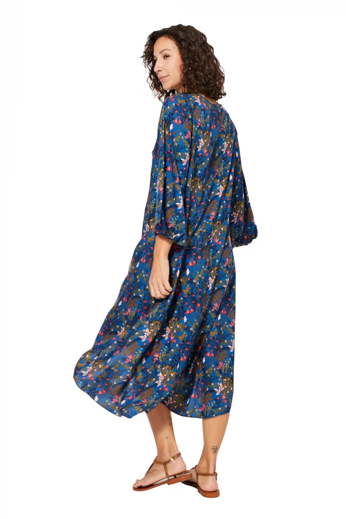 Robe ample à manches longue Bleue à fleurs - MAXIPAV0020B – Image 2