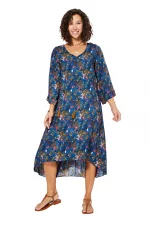 Robe ample à manches longue Bleue à fleurs - MAXIPAV0020B