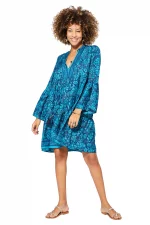 Robe bohème bleue courte à manches longues - RLIP0602A