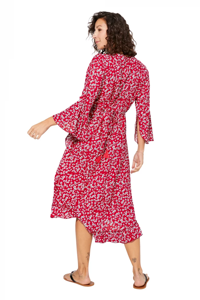 Robe mi-longue à manches longue Rouge à fleurs - MAXIPAV0022A – Image 2