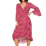 Robe mi-longue à manches longue Rouge à fleurs - MAXIPAV0022A