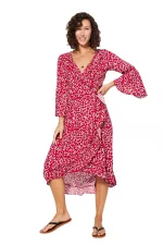 Robe mi-longue à manches longue Rouge à fleurs - MAXIPAV0022A
