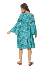 Robe bohème mi-longue turquoise à manches longues - RLIP0603B – Image 2